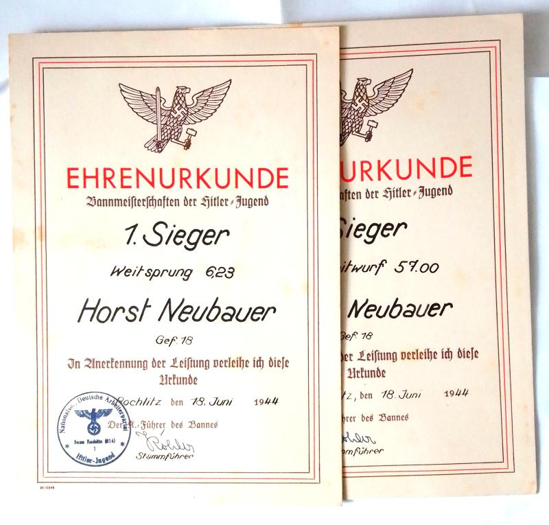 Two Third Reich Hitler Youth Sport Certificates