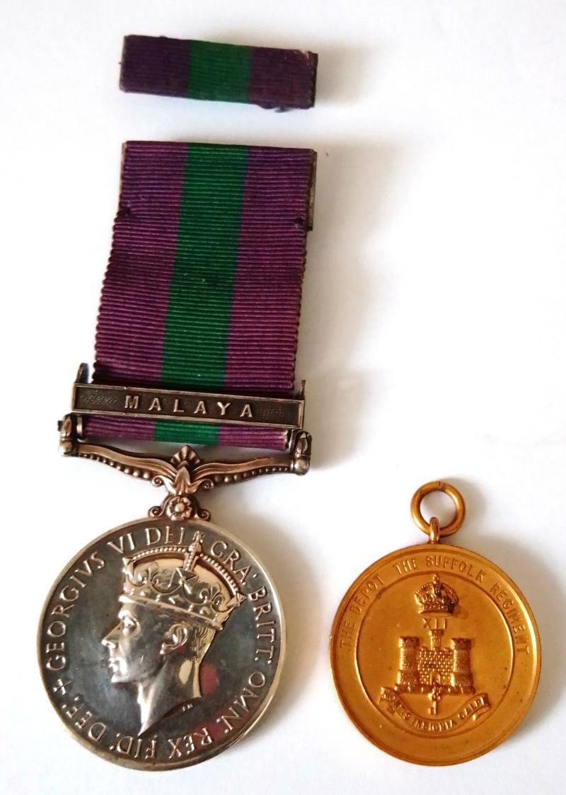 General Service Medal with Malaya Clasp, Ribbon Bar & Shooting Medal to The Suffolk Regiment