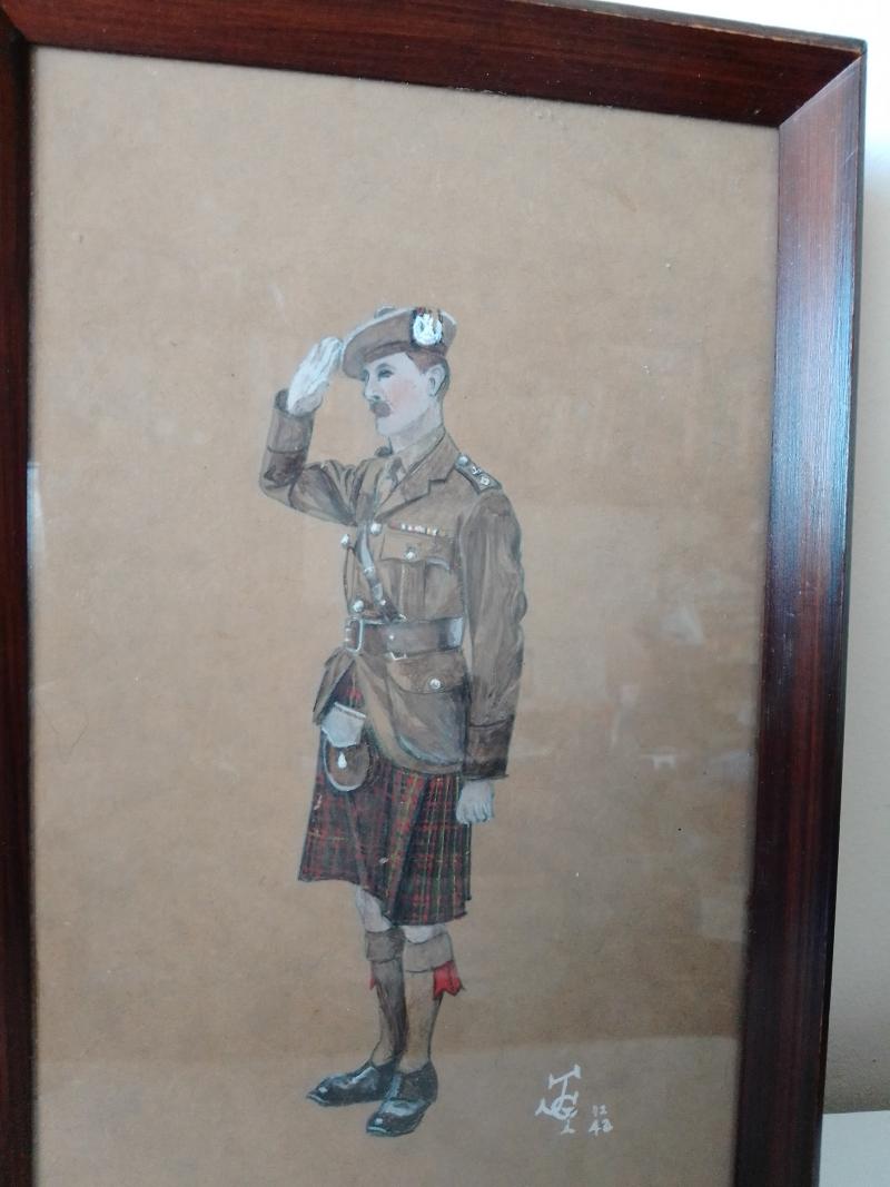 Glazed Framed Portrait of a Cameron Highlander Officer