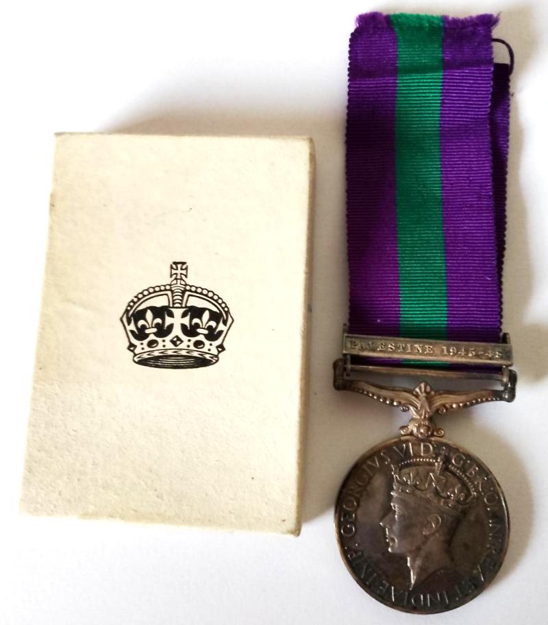 Boxed General Service Medal with Palestine Clasp & Entitlement Slip